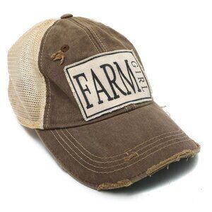 Farm Girl Distressed Trucker Hat Snapback Brown Tan Cap Mesh Adjustable Cotton